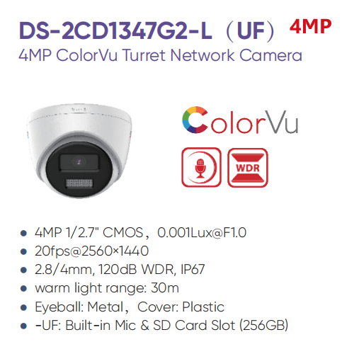 thumbnail image 2 of 4MP PoE IP Camera ColorVu Turret - Hikvision DS-2CD1347G2-LUF - 2.8mm Lens 2 of 2